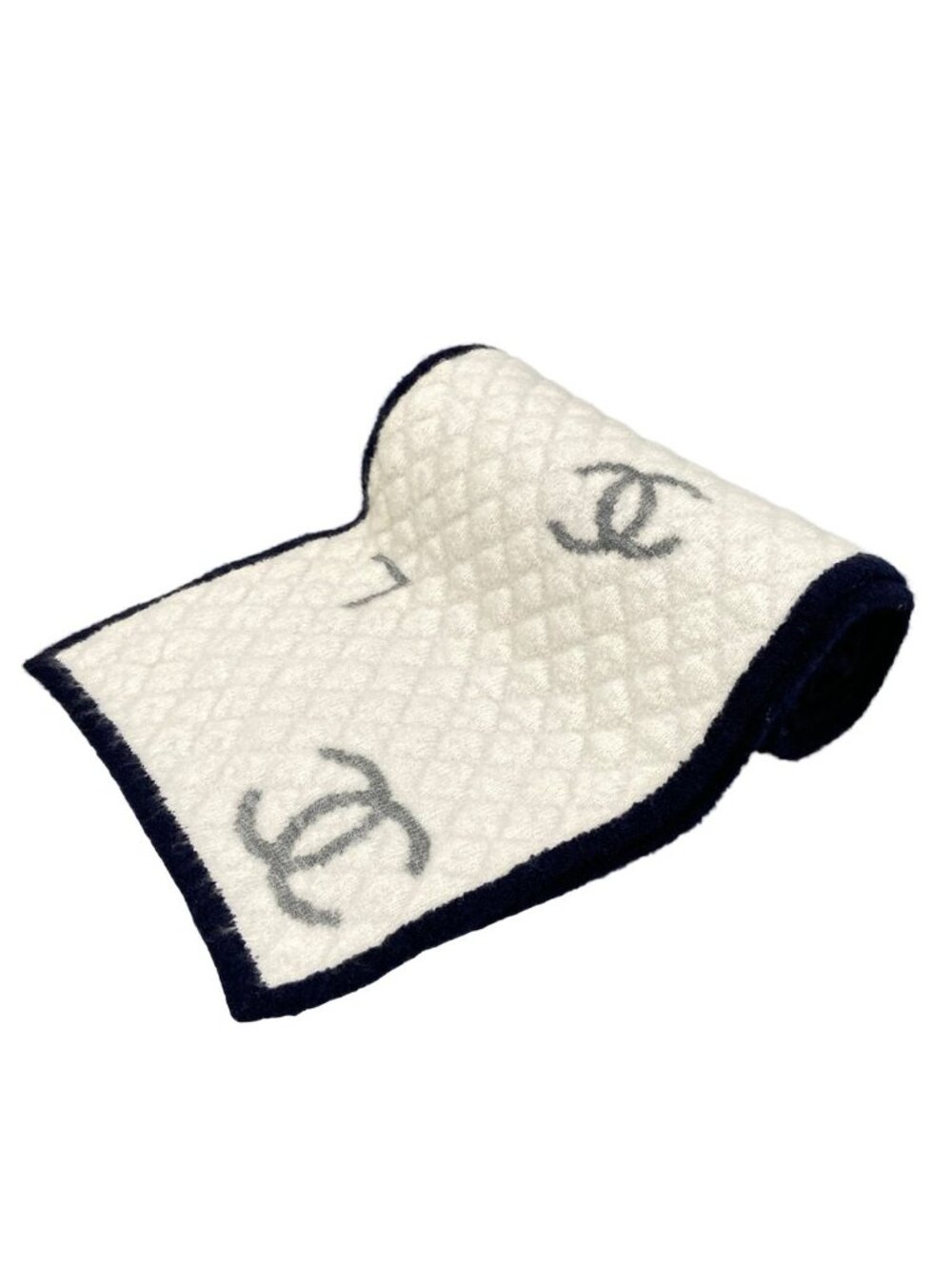Chanel Scarf Ivory Gray Navy Reversible CC Logo Quilted Bicolor Wool Silk
